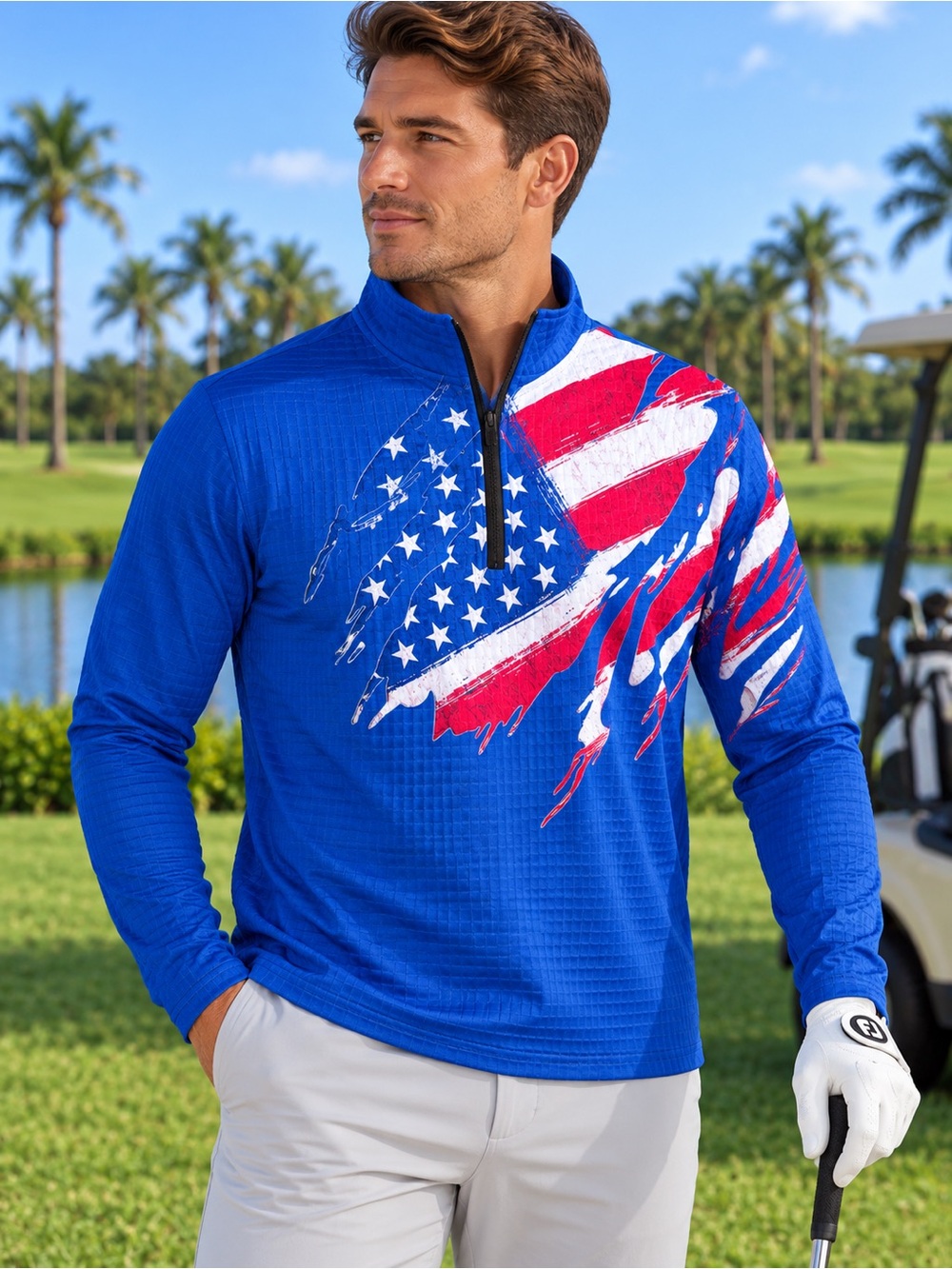 OUKU NWT Men’s American Flag Quarter Zip Golf Pullover Blue Size L